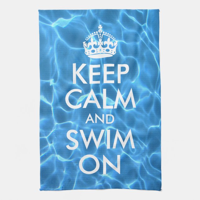 Blue Pool Water Keep Calm and Swim On Tea Towel (Vertical)