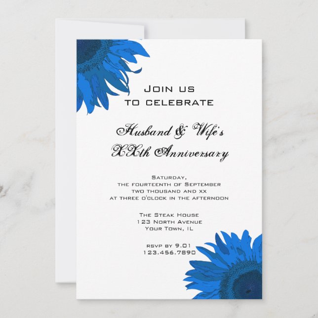 Blue Pop Art Flower Wedding Anniversary Party Invitation (Front)