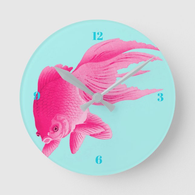 Blue Pop Art Pink Goldfish Modern Round Clock (Front)
