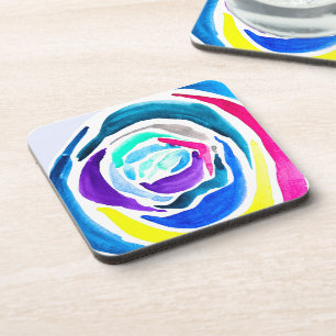 Blue pop art rose watercolor coaster