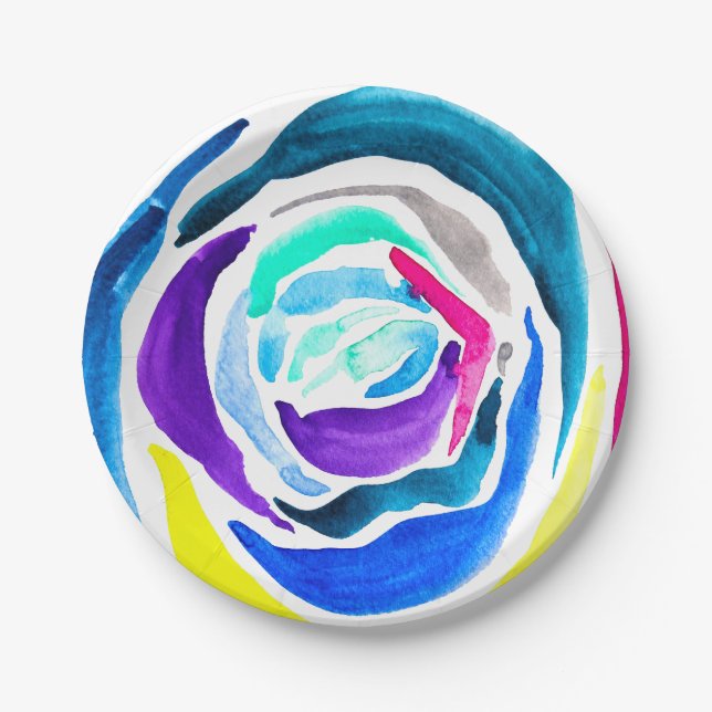 Blue pop art rose watercolor paper plate (Front)