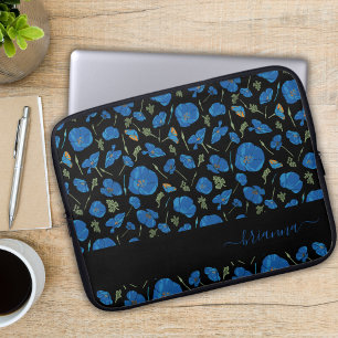 Blue Poppies Black Floral Editable Name Laptop Sleeve