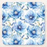 Blue Poppies flower pattern Square Paper Coaster<br><div class="desc">Blue Poppies flower pattern</div>
