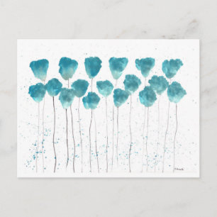 Blue poppies flowers art watercolor postcard