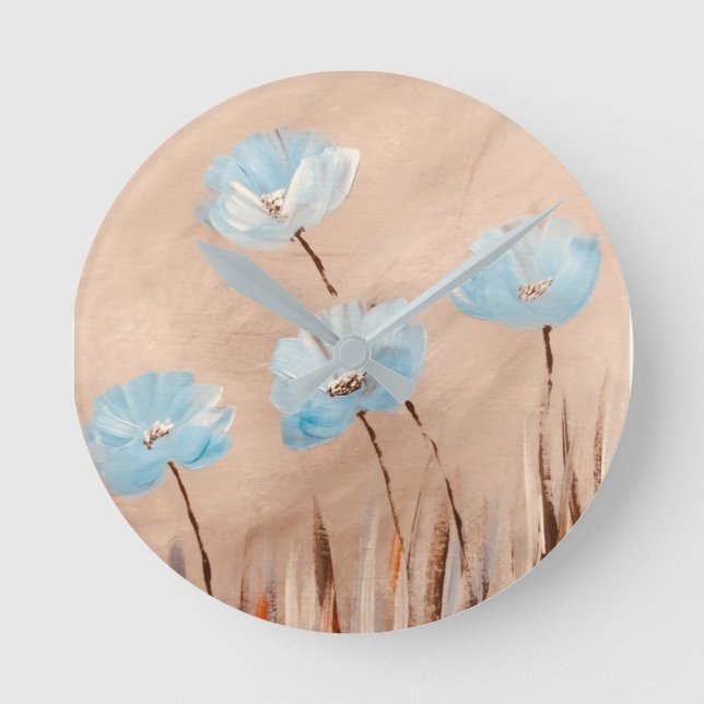 Blue poppies in grass round clock (Front)
