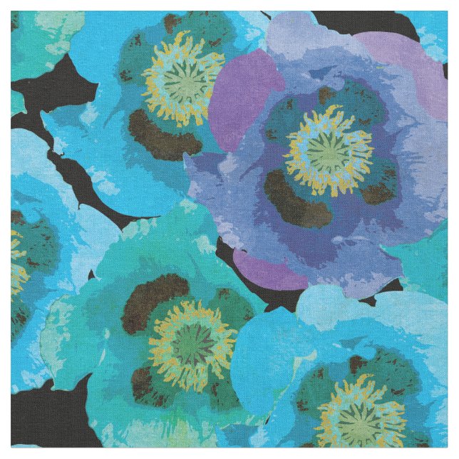 Blue Poppies Pattern Fabric (Close Up)
