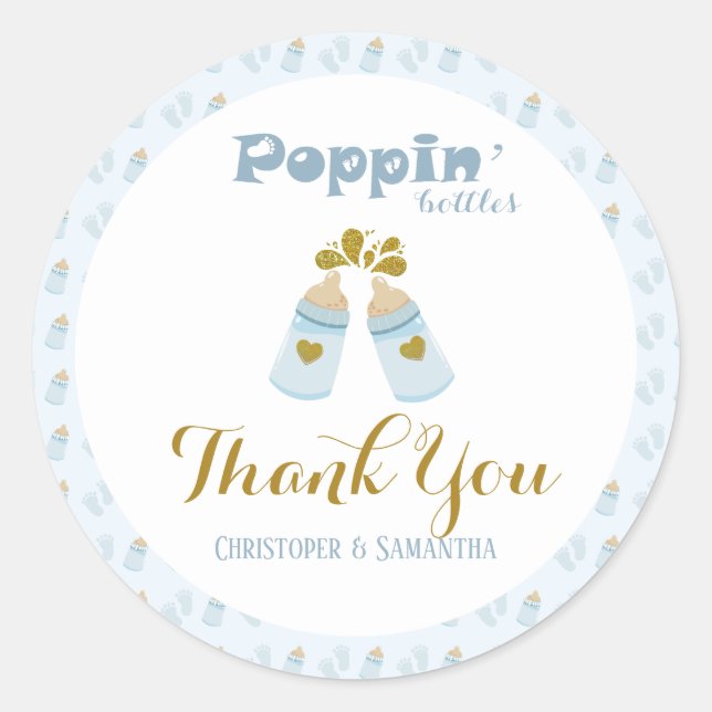  Blue Poppin Bottles Boy Baby Shower Classic Round Sticker (Front)