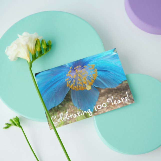 Blue Poppy 100 Years Floral Birthday Card (In Situ)