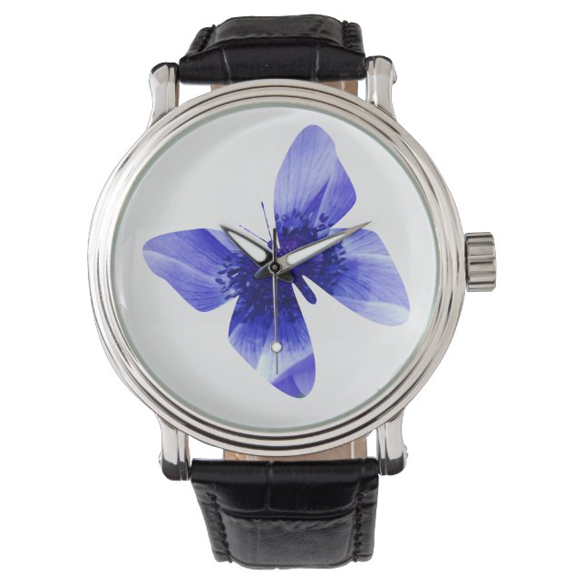 Blue Poppy Butterfly,  Large Leather Watch (Front)