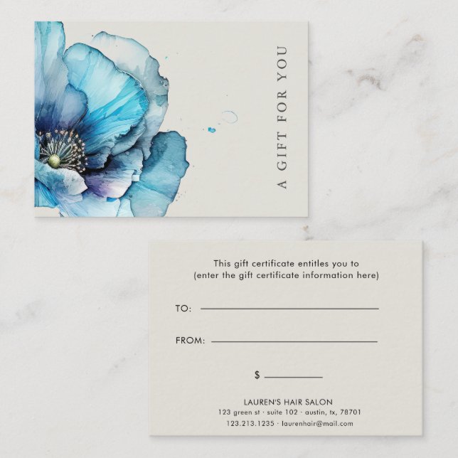 Blue Poppy Floral Elegant Gift Certificate (Front/Back)