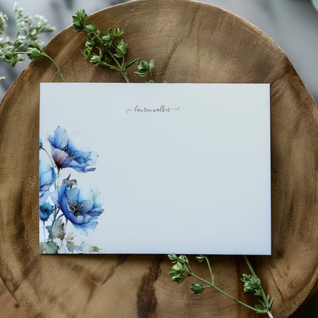 Blue Poppy Floral Monogram Card (Creator Uploaded)