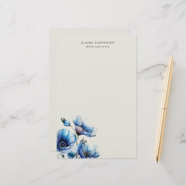 Blue Poppy Floral Monogram Stationery Paper (Front/Back In Situ)