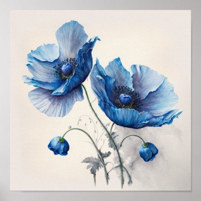 Blue Poppy Flowers Art Print Poster (Front)