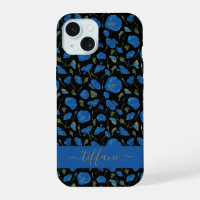 Blue Poppy Flowers Black Botanical Pattern