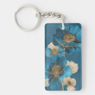 Blue Poppy Gold Line Art Botanical Floral Key Ring