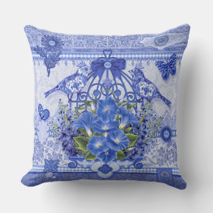 Blue Porcelain Birds and Birdcage Cushion