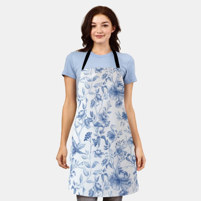 Blue,porcelain,blue china,floral toile,chinoiserie apron (Worn)