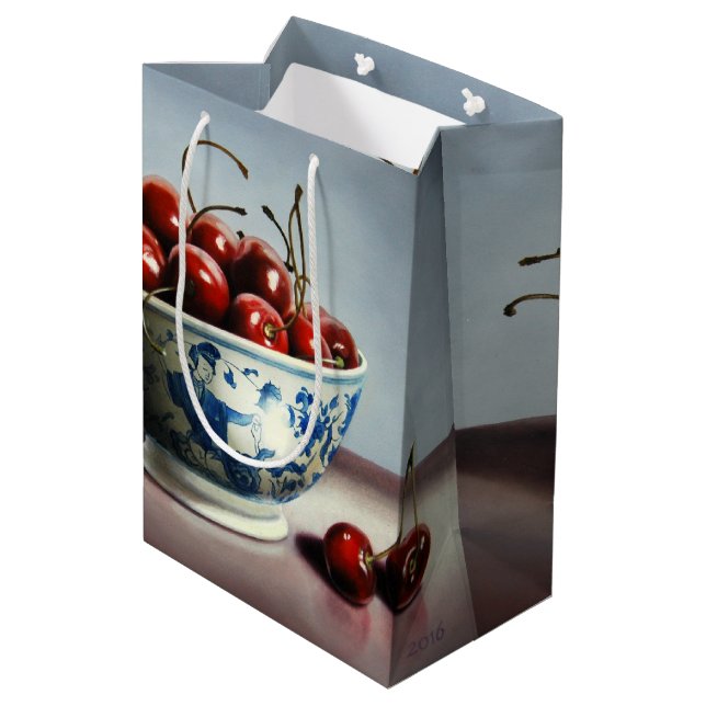 Blue Porcelain & Cherries Medium Gift Bag (Back Angled)