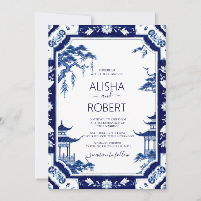Blue Porcelain Chinoiserie Floral Wedding  Invitation (Front)