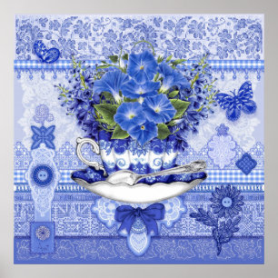 Blue Porcelain Cup and Flowers Poster