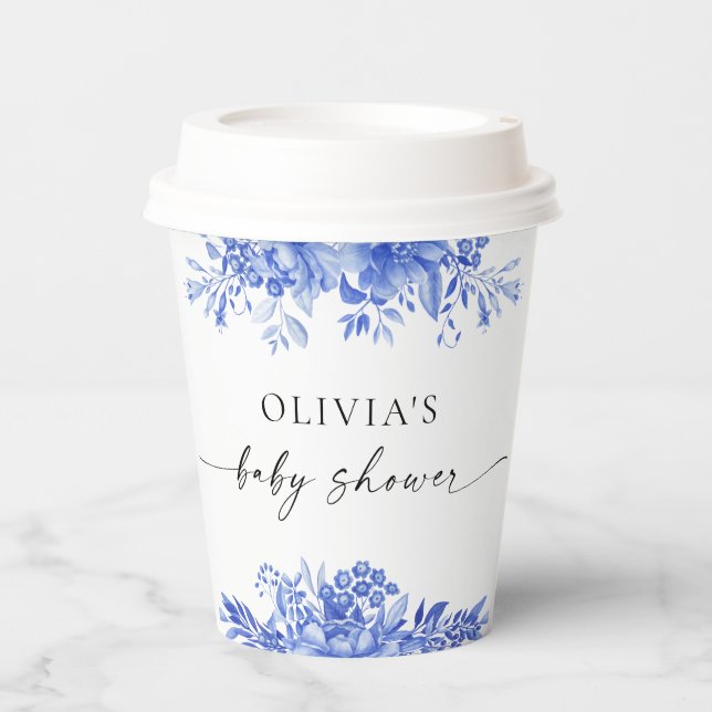 Blue Porcelain Floral Baby Shower Paper Cups (Front)