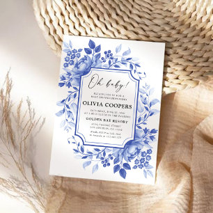 Blue Porcelain Floral Chinoiserie Baby Shower Invitation