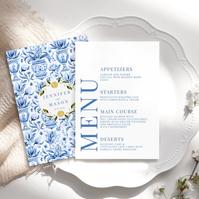 Blue porcelain lemon Italian wedding menu cards (Creator Uploaded)