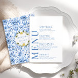 Blue porcelain lemon Italian wedding menu cards<br><div class="desc">Enhance your timeless Italian Mediterranean themed wedding celebration with an elegant menu card. Showcasing a delicate pattern of blue porcelain tiles and boho arch with watercolor lemon branches, this refined design is complemented by a personalised touch—the bride and groom names on the back, creating a memorable and distinctive element for...</div>