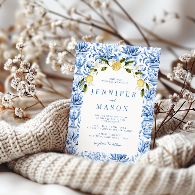 Blue porcelain tiles boho arch wedding Invitation (Creator Uploaded)