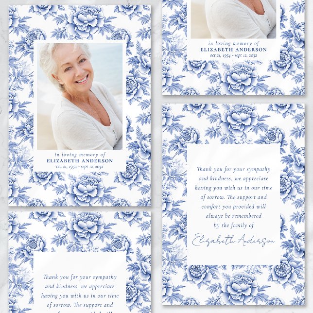 Blue Porcelain Toile Photo Funeral Sympathy Thank You Card (Creator Uploaded)