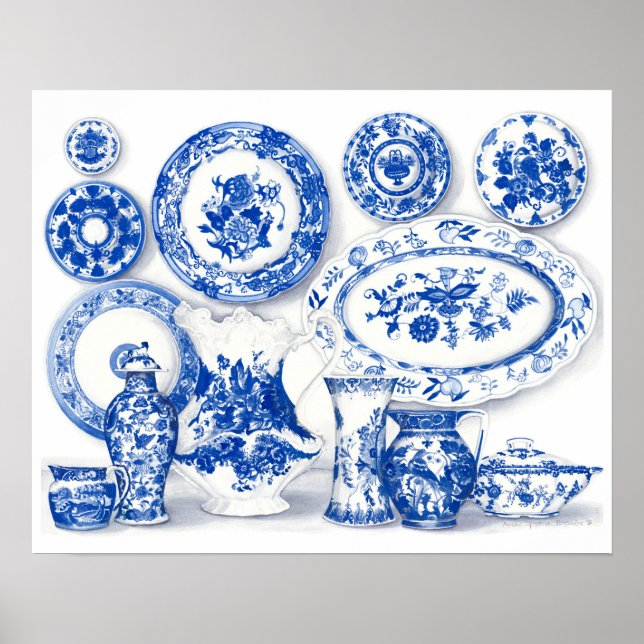 Blue Porcelain Watercolor Art Poster (Front)