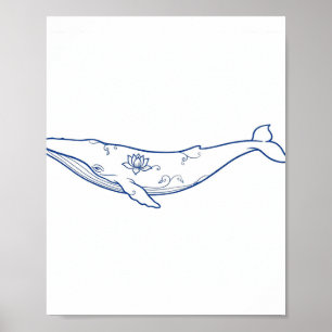 Blue Porcelain Whale Lotus Line Art Poster