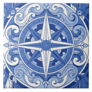 Blue Portuguese Azulejo Compass Rose Medallion Ceramic Tile