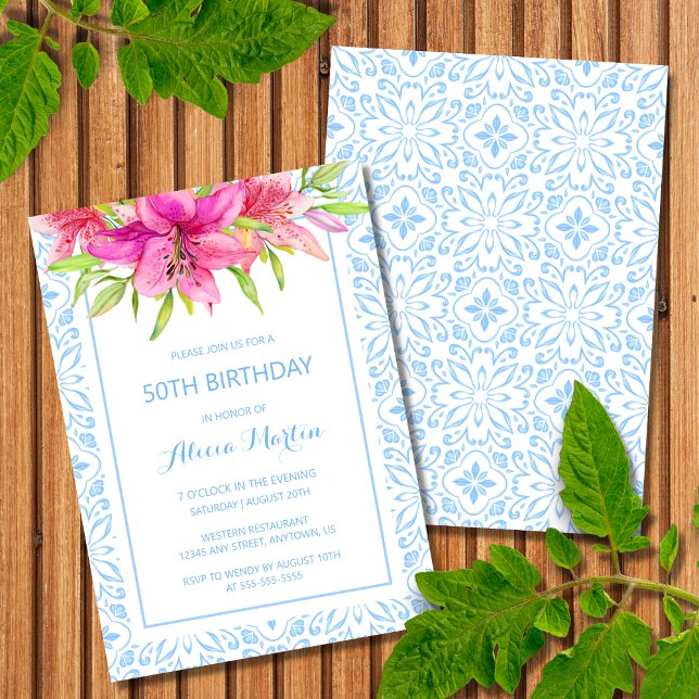 Blue Portuguese Azulejo Lily Any Age Birthday Invitation (Creator Uploaded)