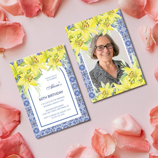  Blue Portuguese Azulejo Lily Photo Birthday Invitation (Creator Uploaded)