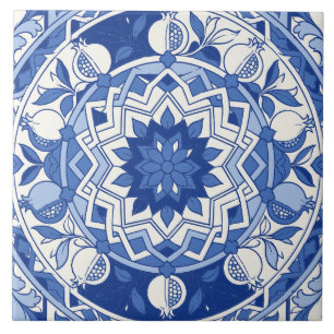 Blue Portuguese Azulejo Pomegranate Medallion Ceramic Tile