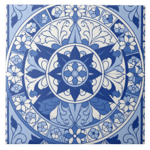 Blue Portuguese Azulejo Star Flower Medallion Ceramic Tile
