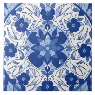 Blue Portuguese Azulejo Swallows Medallion Ceramic Tile