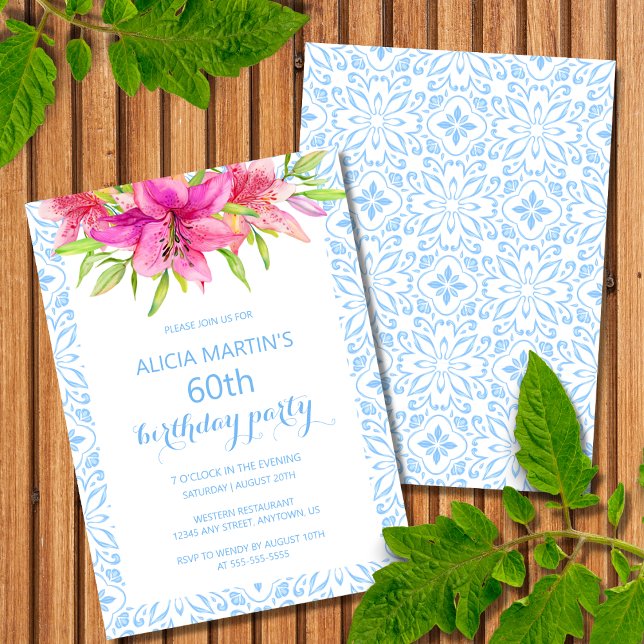 Blue Portuguese Azulejo Tiles Lily Birthday Invitation (Creator Uploaded)