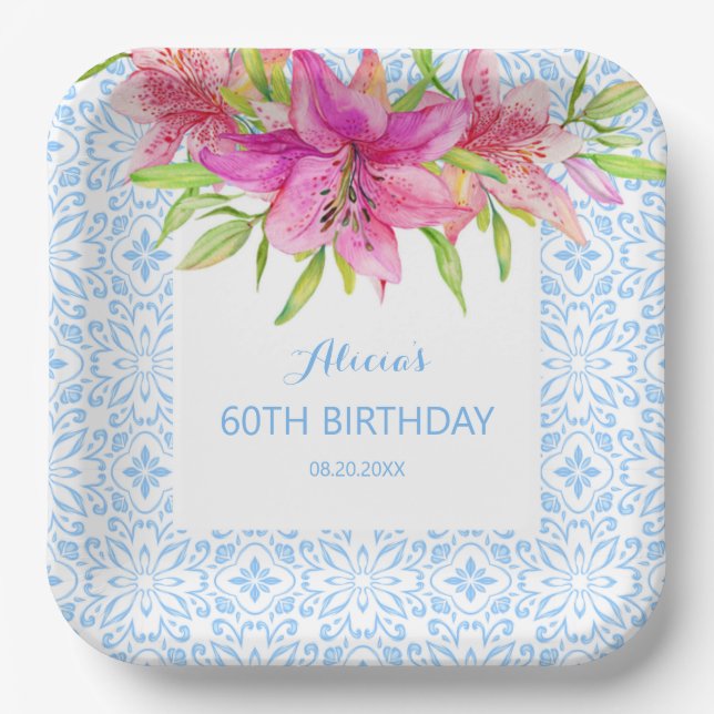 Blue Portuguese Azulejo Tiles Lily Birthday Paper Plate (Front)