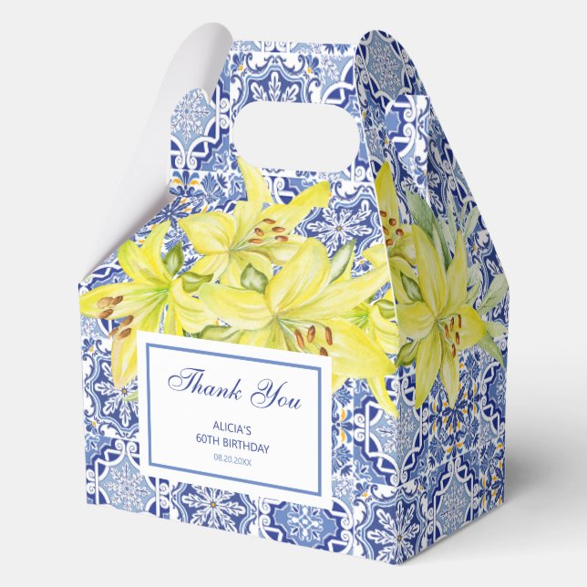Blue Portuguese Azulejo Yellow Lily Thank You Favour Box (Front)