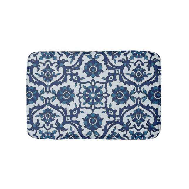 Blue Portuguese Azulejos Floral Tile Pattern Bath Mat (Front)