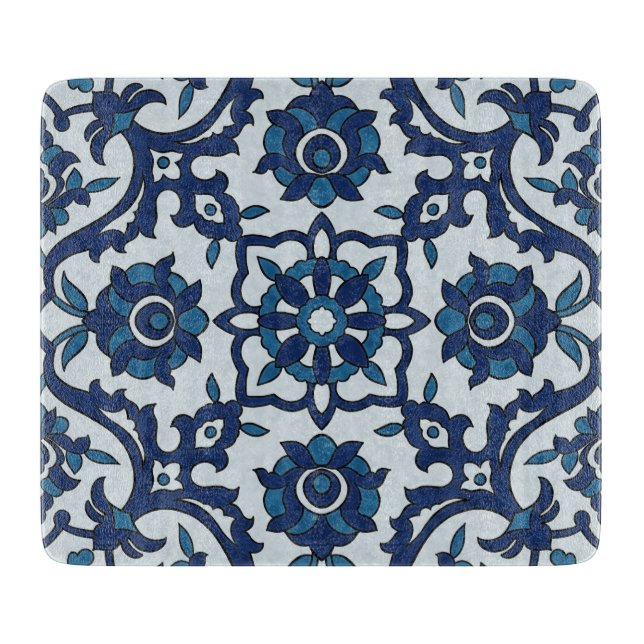 Blue Portuguese Azulejos Floral Tile Pattern Cutting Board (Front)