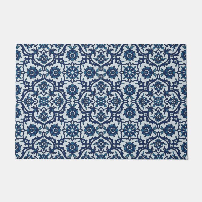 Blue Portuguese Azulejos Floral Tile Pattern Doormat (Front)