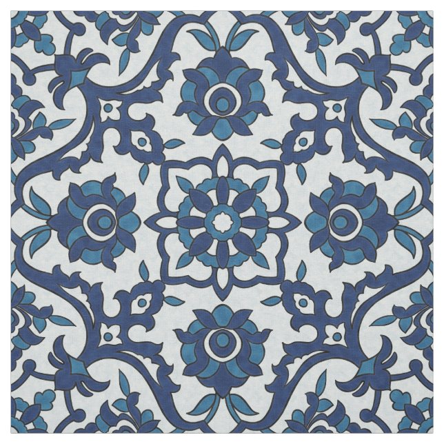 Blue Portuguese Azulejos Floral Tile Pattern Fabric (Swatch)