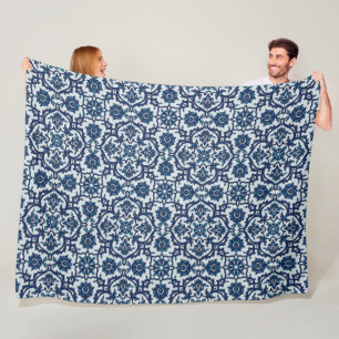Blue Portuguese Azulejos Floral Tile Pattern Fleece Blanket