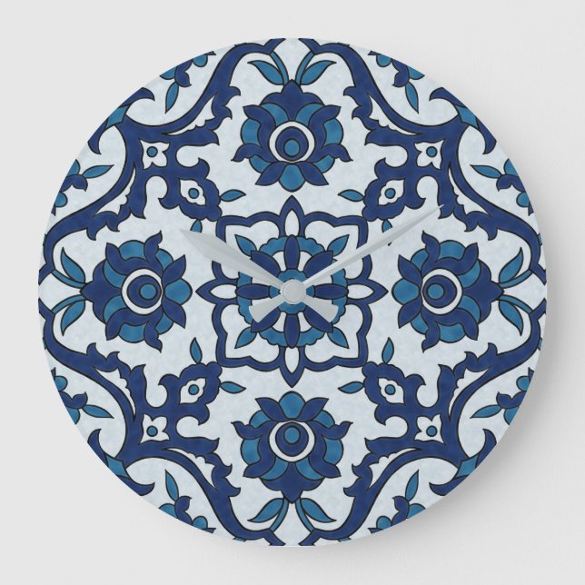 Blue Portuguese Azulejos Floral Tile Pattern Large Clock (Front)
