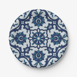 Blue Portuguese Azulejos Floral Tile Pattern Paper Plate