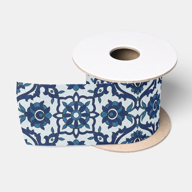Blue Portuguese Azulejos Floral Tile Pattern Satin Ribbon (Spool)