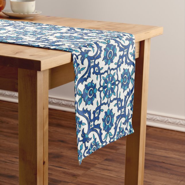 Blue Portuguese Azulejos Floral Tile Pattern Short Table Runner (In Situ)
